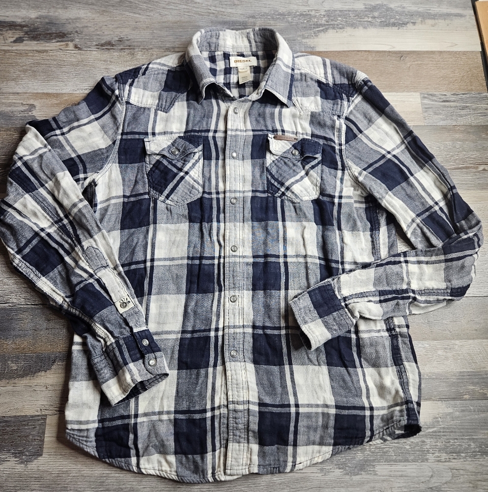 Diesel Pearl Snap Navy Blue Plaid Shirt Large